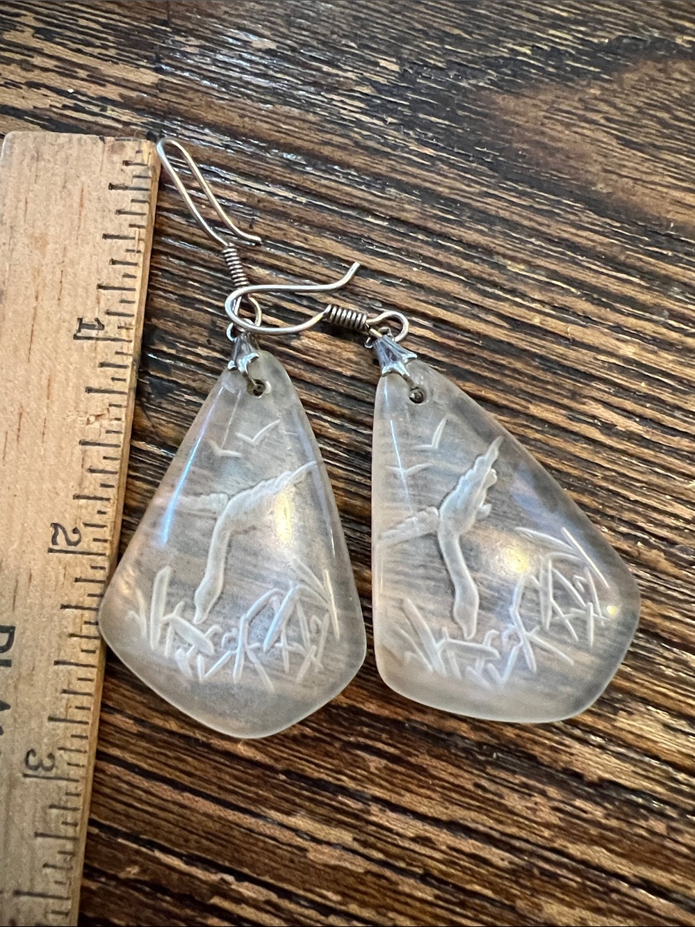 Vintage Lucite carved duck or geese dangle earrings